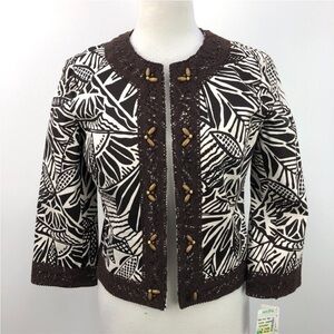 Maggy London Brown and Cream Abstract Print with crochet trim Jacket sz 8